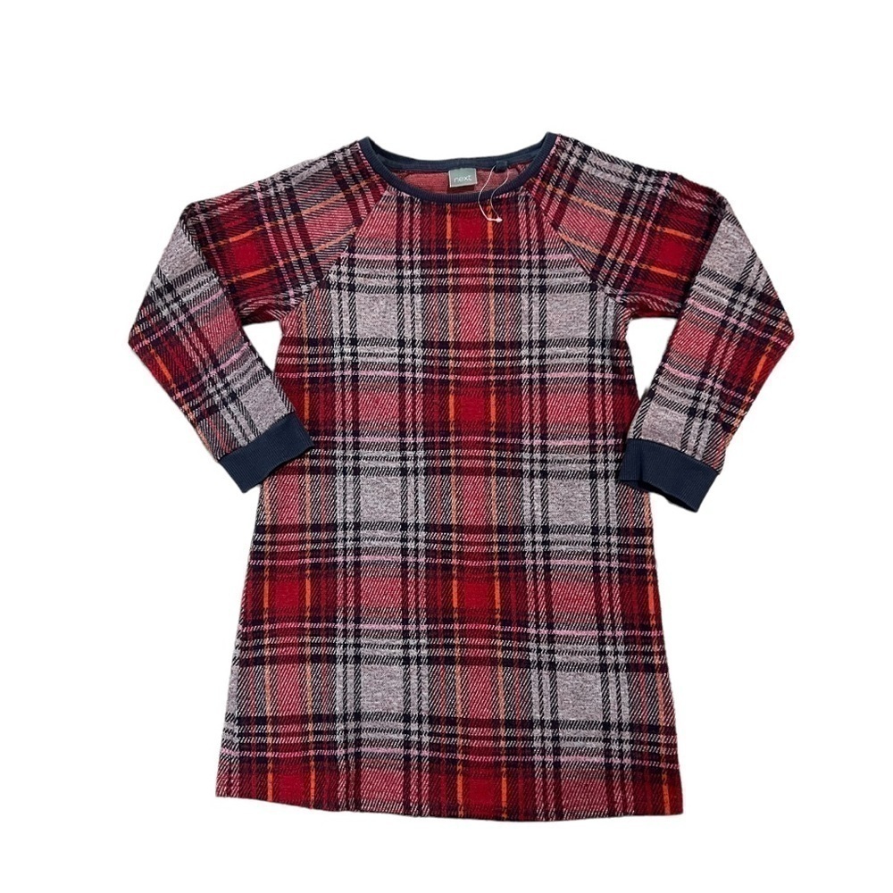 NEXT Girl's Plaid Dress Size 7 Modest Long Sleeves Red Pullover Academia